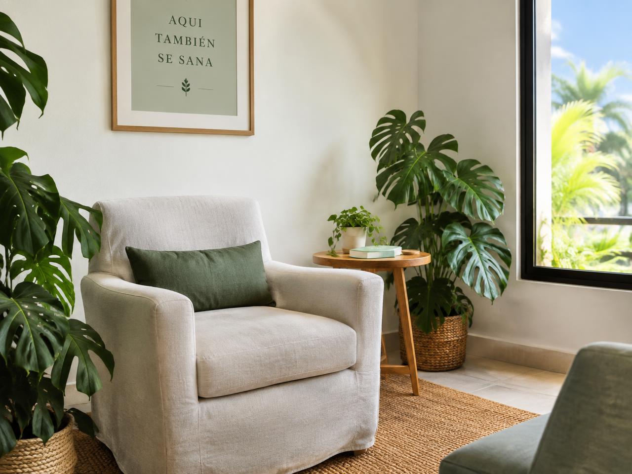 Consultorio con sillón de lino y plantas