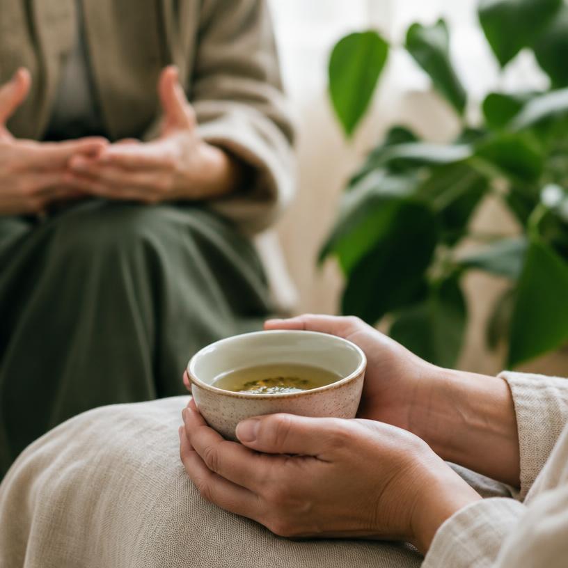 Manos sosteniendo una taza de té en sesión